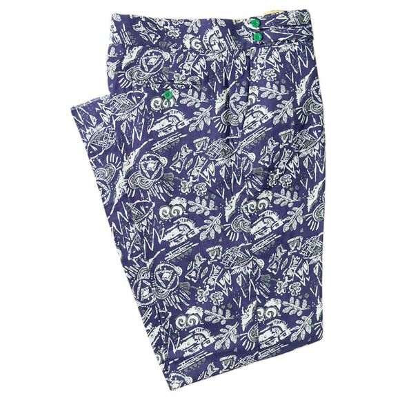 Mens 36 Gurkha Pants Blue White Abstract Tropical Print Flat Front Straight Fit